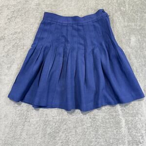 Vtg Jacqueline Ferrar Skirt Womens 8P Blue Linen Blend Pleated Side Zip Preppy